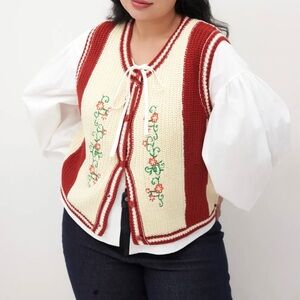 Cider Red and Cream Embroidered Cardigan